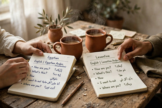[ Image1: &nbsp;An open notebook held by two people, showing a side-by-side linguistic comparison of common English phrases translated into Egyptian Arabic and Levantin.webp ]
