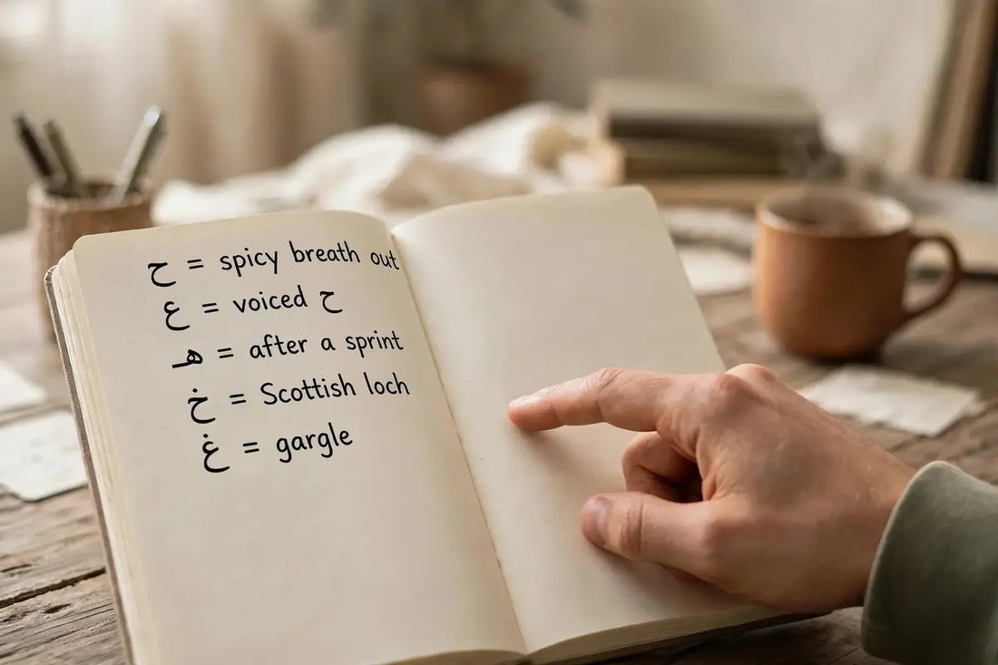 [ image1 Finger pointing to a list explaining complex Arabic sounds.]