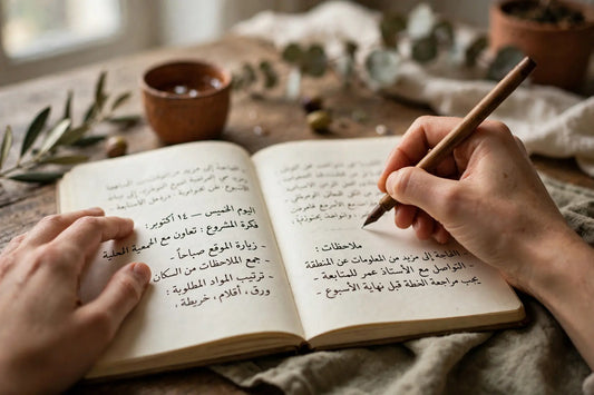 [ Image:1 Focused hands writing project notes in a notebook.]