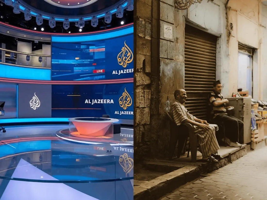 Image: Split-screen contrasting MSA in formal media settings with casual street spoken dialects.