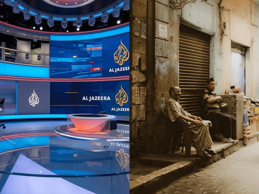 Image: Split-screen contrasting MSA in formal media settings with casual street spoken dialects.